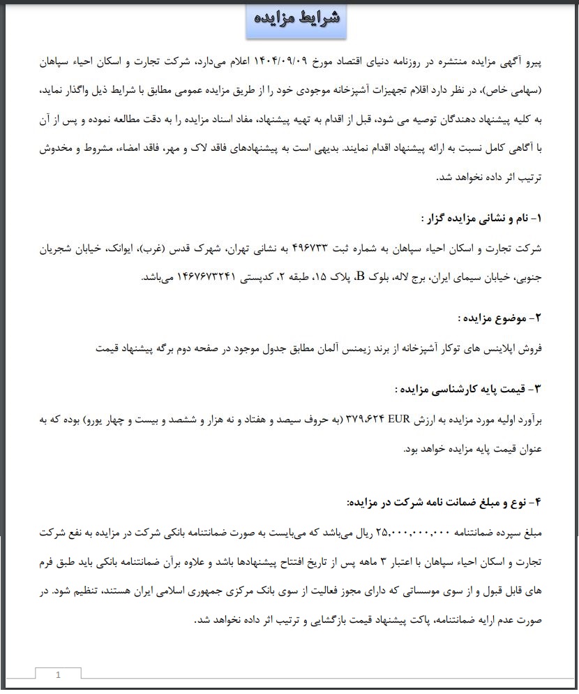 مزایده عمومی فروش اپلاینس های آشپزخانه شرکت تجارت و اسکان احیاء سپاهان