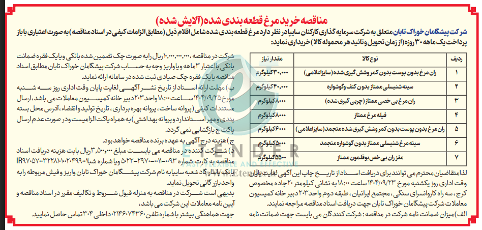 مناقصه خرید مرغ قطعه بندی شده (آلایش شده)