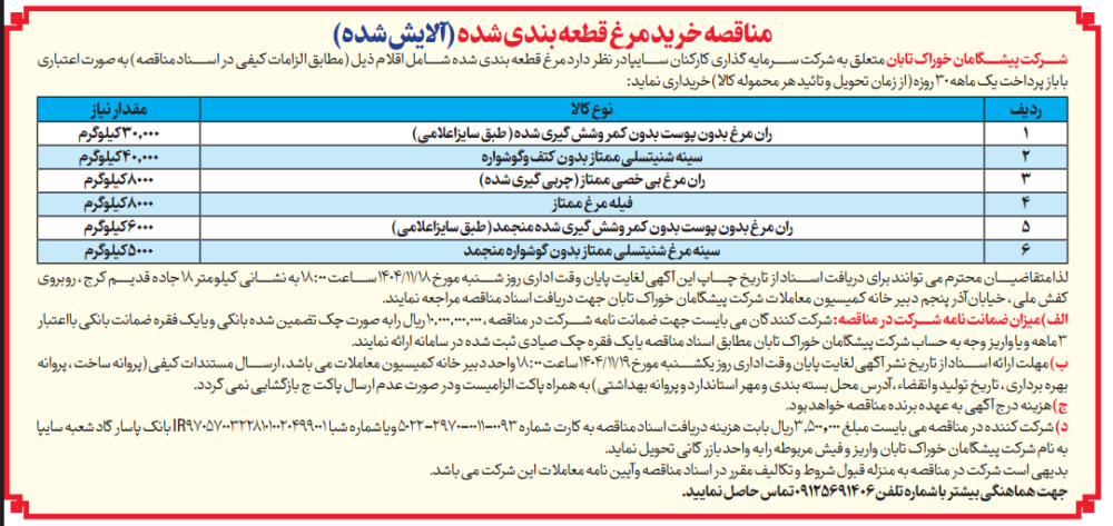 مناقصه خرید مرغ قطعه بندی شده (آلایش شده)