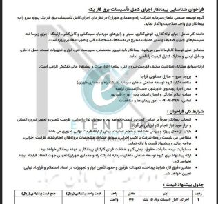 فراخوان شناسایی پیمانکار اجرای کامل تأسیسات برق فاز یک شرکت توسعه صنعتی ماهان سرمایه (شرکت راه و معماری طهران)