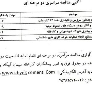 مناقصه ۱- پیمانکار بمنظور سرویس و نگهداری خط ۲- آزمایش و آنالیز روغن ۳- خدمات بهداری ۴- خرده کاری های ساختمانی