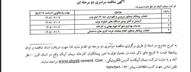 مناقصه ۱- پیمانکار بمنظور سرویس و نگهداری خط ۲- آزمایش و آنالیز روغن ۳- خدمات بهداری ۴- خرده کاری های ساختمانی
