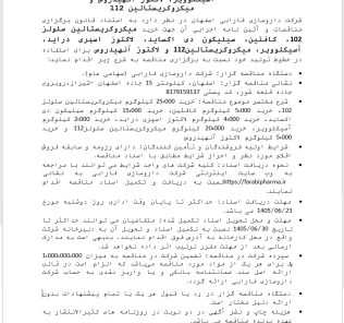 مناقصه خرید میکرو کریستالین سلولز ۱۰۲، کافئین، سیلیکون دی اکساید، لاکتوز اسپری دراید، آسیکلوویر، لاکتوز آنهیدروس و میکروکریستالین ۱۱۲